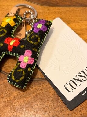 Consuela Black Felt Floral H Key & Card Charm with Multicolor Embroidery